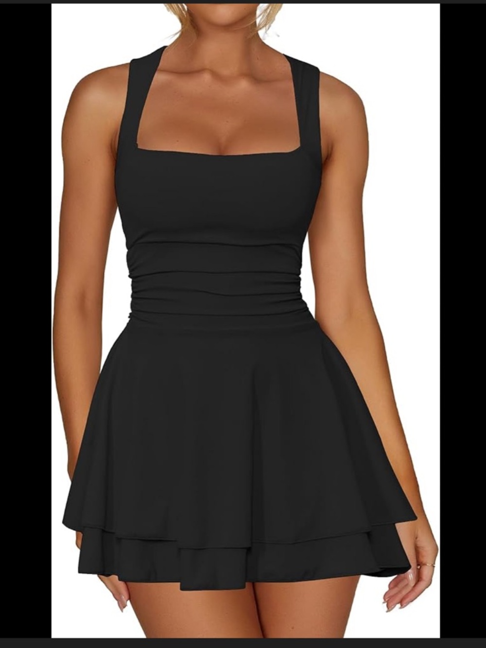 Square-Neck Black Ruffle Hem Mini Dress